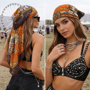 Vintage Style Equestrian Saddle Print Square Scarf Equestrian Festival Western